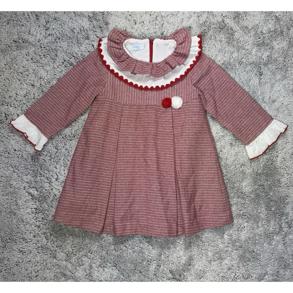 Foque 24m Girls Red White Holiday Dress High End Spanish Ruffle Pleat Embroidery